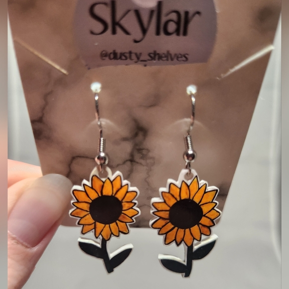 Handmade Shrinking Plastic Sunflower Dangle Earrings - Picture 2 of 5